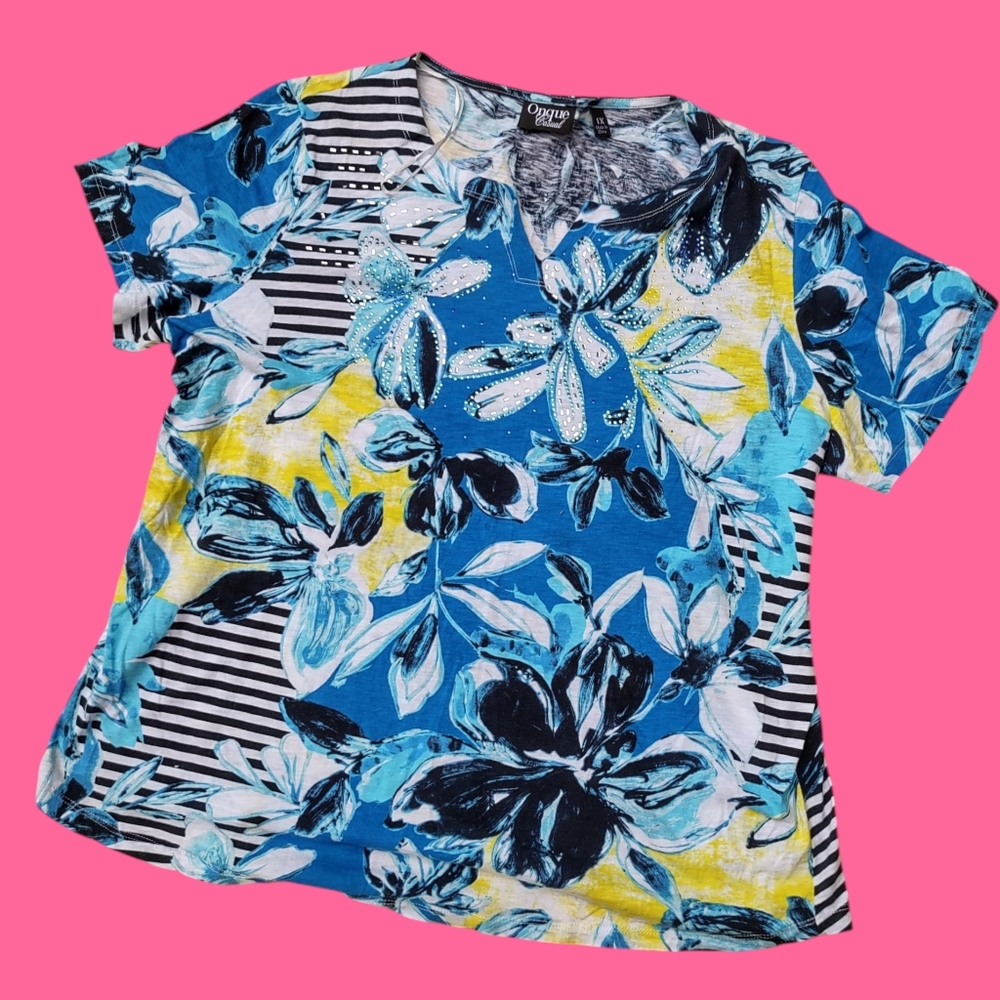 Onque Casuals Blue and Yellow Short Sleeve Blouse